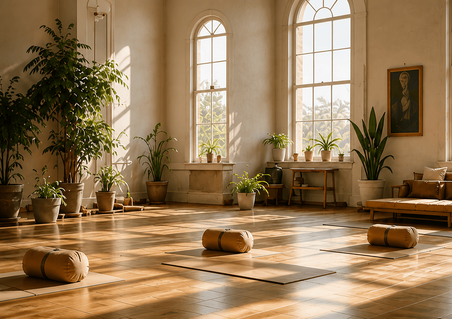 Warm, sunlit room prepared for a restorative wellness session